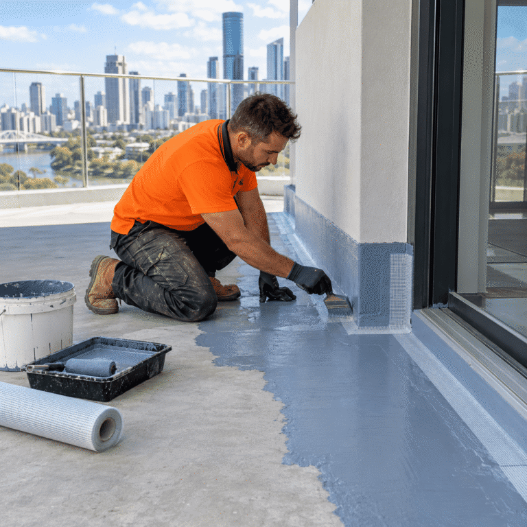 Tradesman waterproofing wall junctions and a doorway threshold on a Brisbane commercial terrace