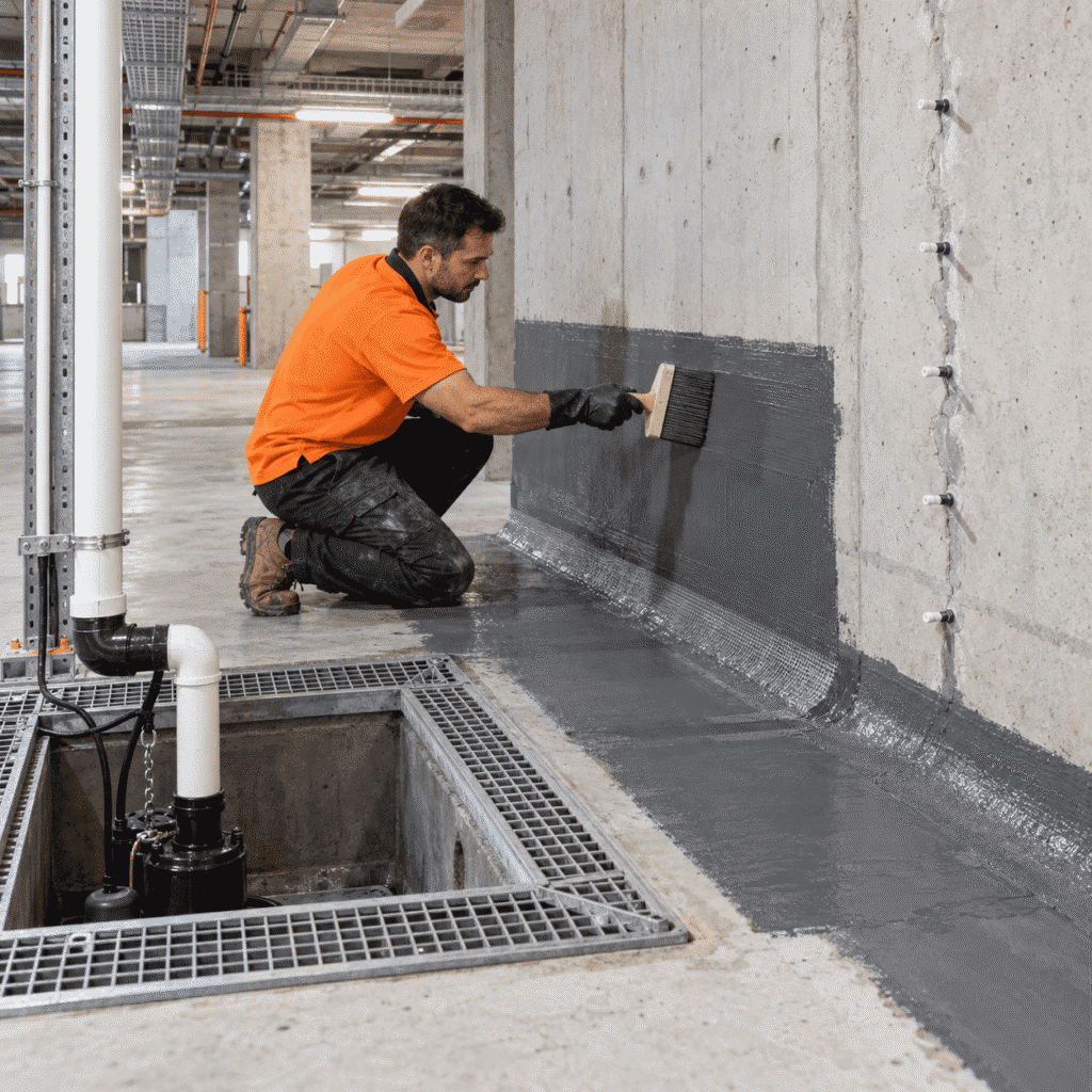 Tradesman applying a waterproof tanking membrane inside a Brisbane commercial basement