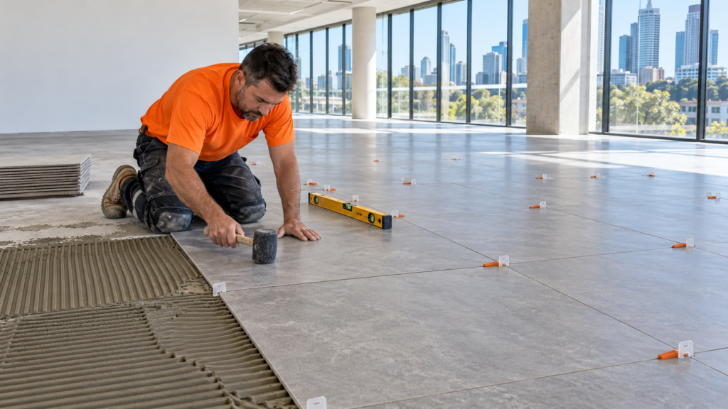 Tradesman installing large-format porcelain floor tiles in a Brisbane commercial building