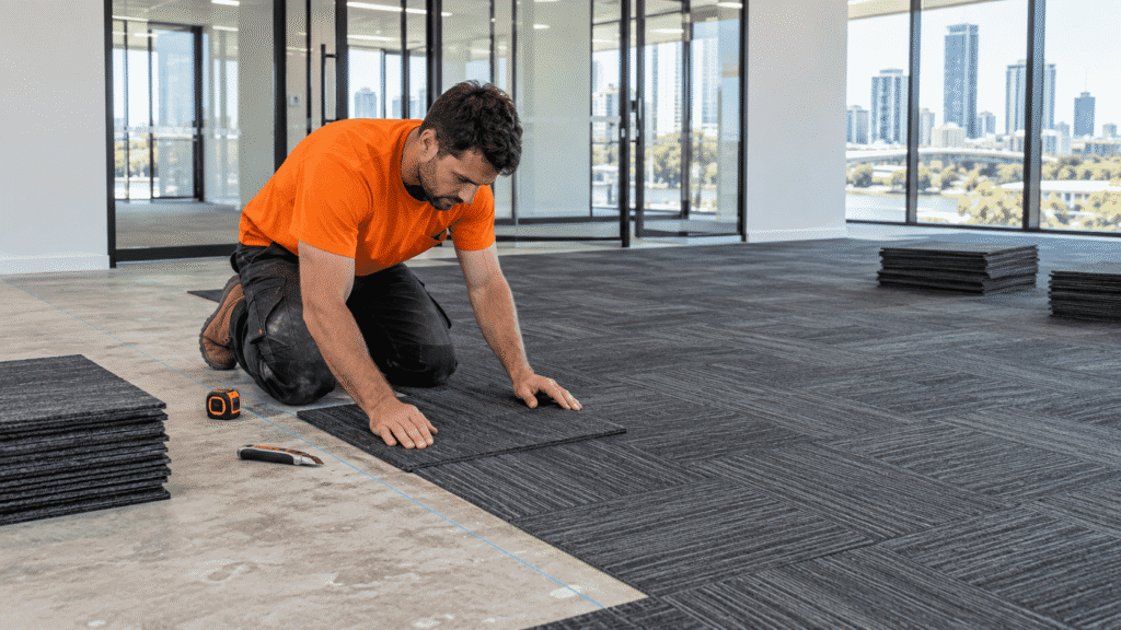 Tradesman installing charcoal carpet tiles in a modern Brisbane commercial office
