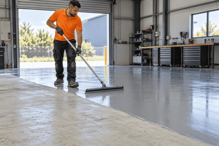 Technician spreading a grey concrete floor coating with a squeegee in a commercial workshop.