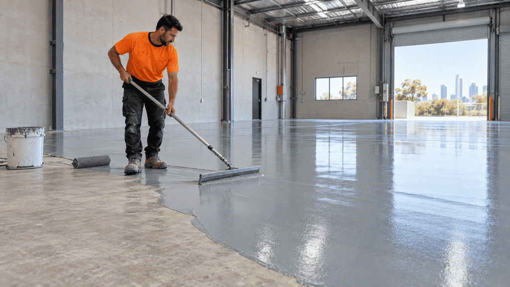 Tradesman applying grey epoxy flooring inside a Brisbane commercial warehouse