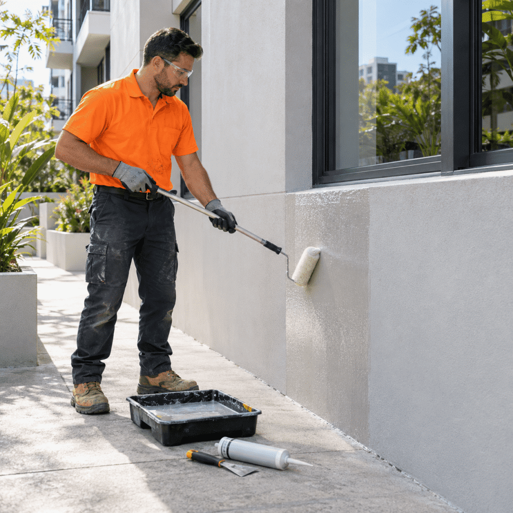Tradesman applying a waterproof coating to the exterior façade of a Brisbane building