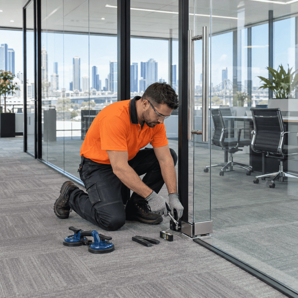 Glazier adjusting the floor hinge on a frameless glass office door in Brisbane