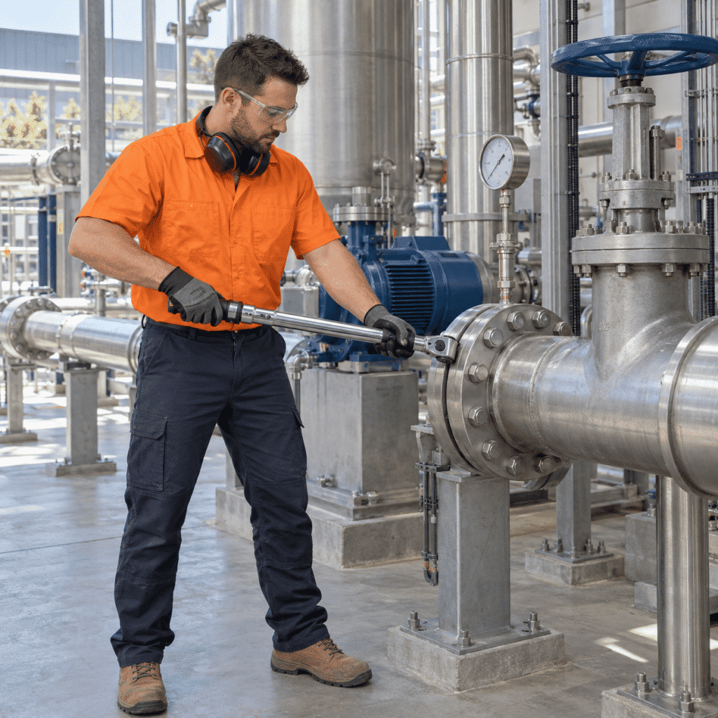Industrial plumber servicing a heavy-duty pipe connection at a Brisbane facility