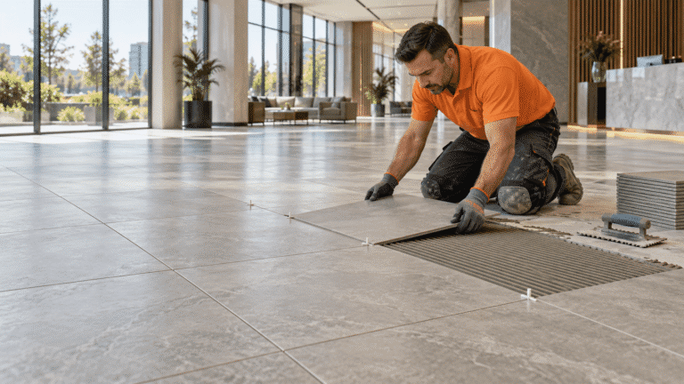 Technician installing large grey floor tiles over adhesive in a modern commercial lobby.