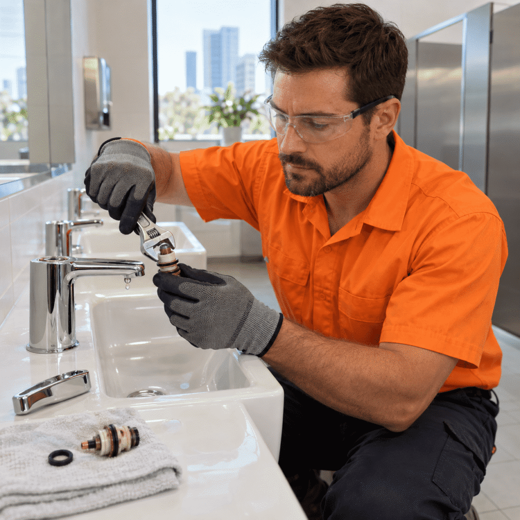 Plumber replacing a worn cartridge in a leaking tap at a Brisbane commercial property