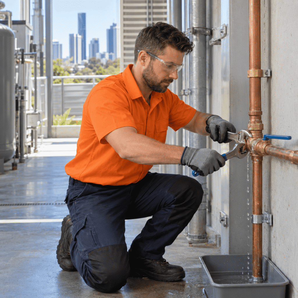 Plumber repairing a leaking water supply pipe at a Brisbane commercial property