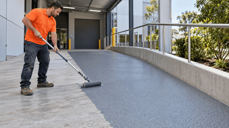 Technician installing textured grey non-slip floor tiles in a commercial entrance.