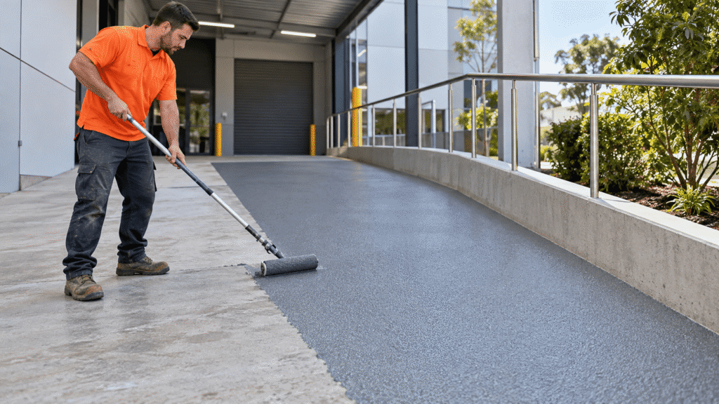 Tradesman applying textured non-slip flooring to a Brisbane commercial access ramp