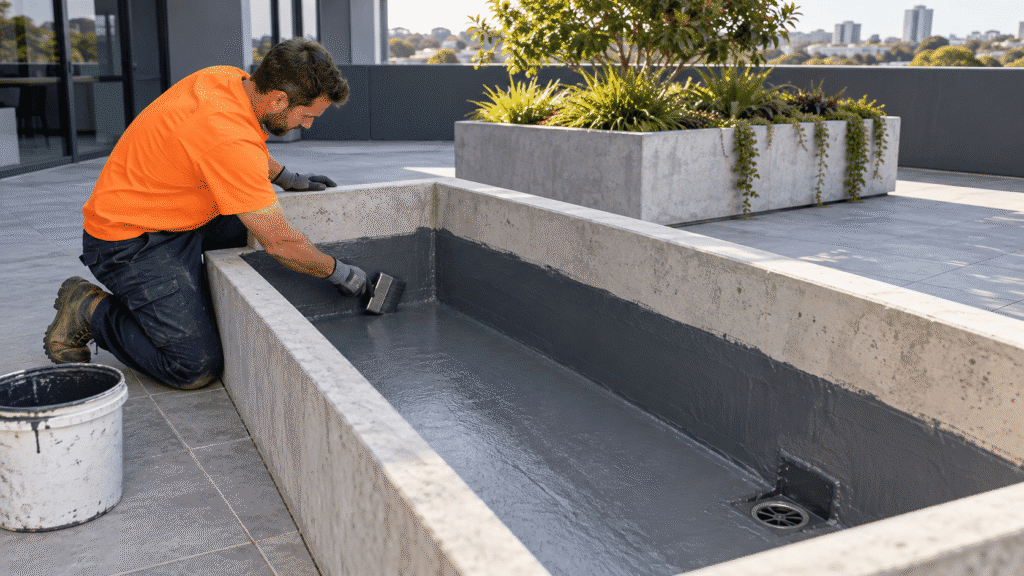 Tradesman applying waterproof membrane inside a commercial rooftop planter box in Brisbane