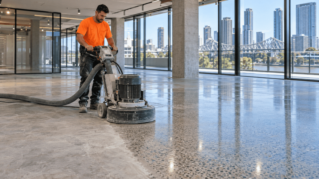 Tradesman polishing a concrete floor inside a Brisbane commercial building