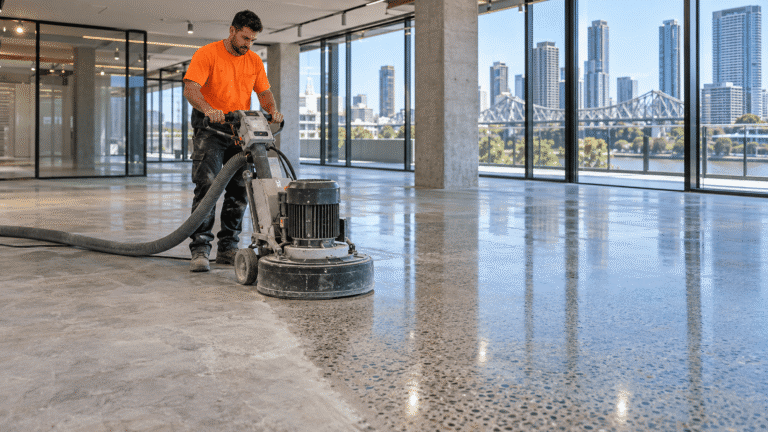 Tradesman polishing a concrete floor inside a Brisbane commercial building