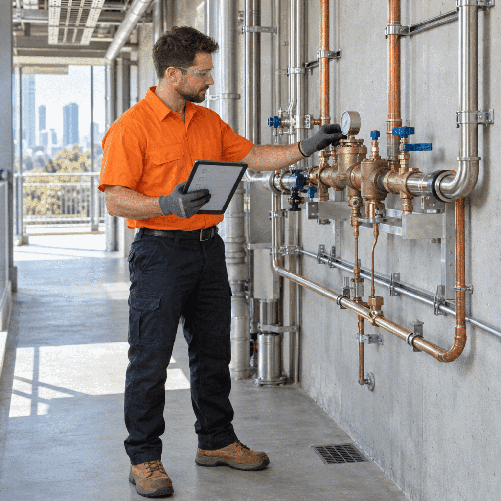 Plumber conducting a scheduled commercial plumbing inspection at a Brisbane property