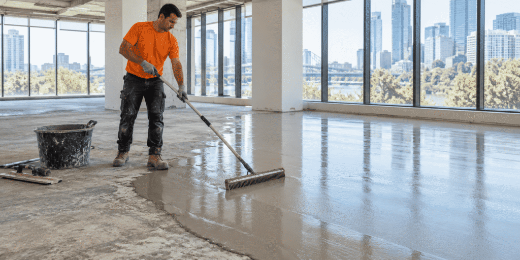 Tradesman applying self-leveling compound to a concrete floor in a Brisbane commercial building