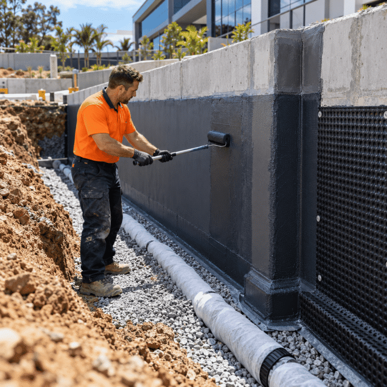 Tradesman applying waterproof membrane to a commercial concrete retaining wall in Brisbane