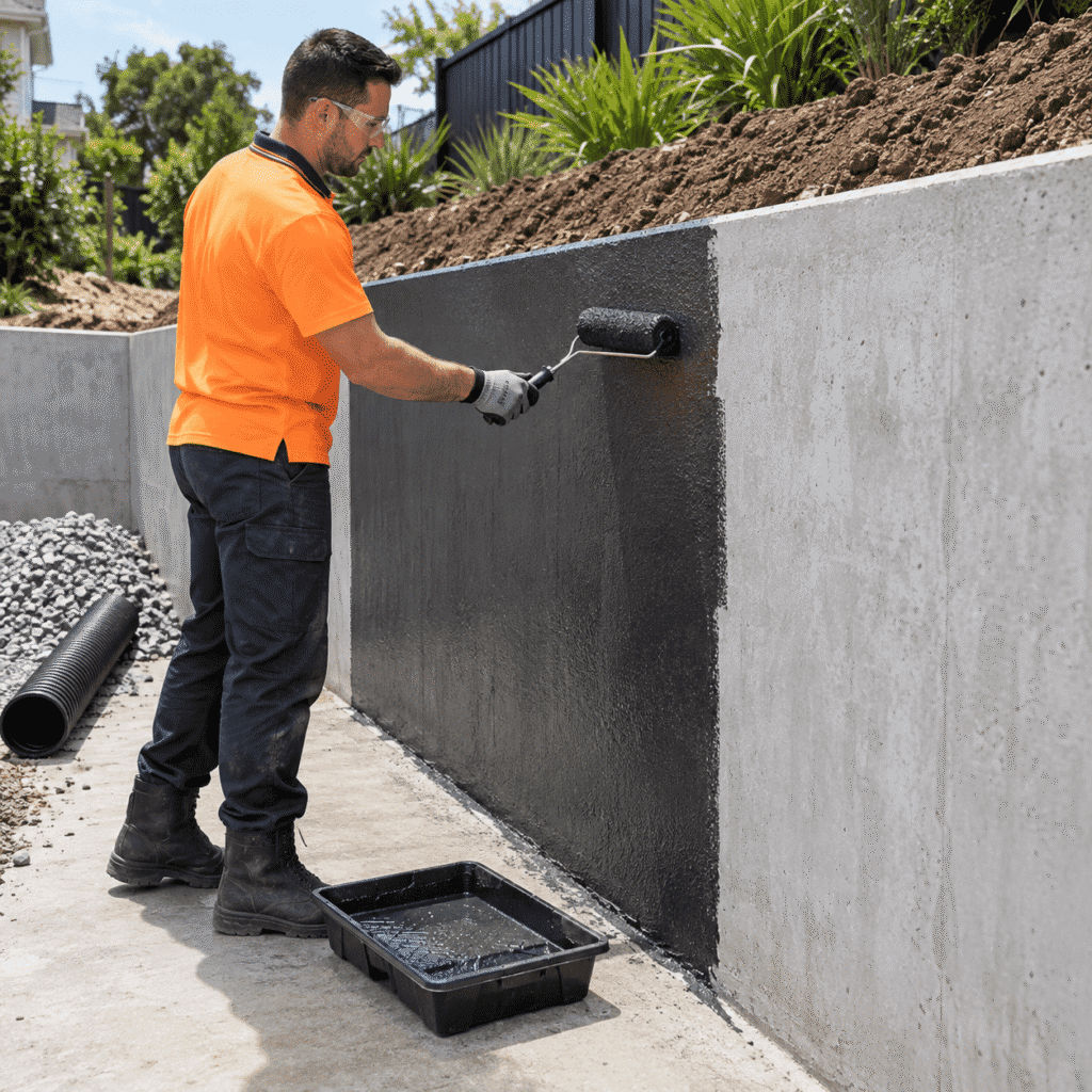 Tradesman applying a waterproof membrane to a concrete retaining wall at a Brisbane property