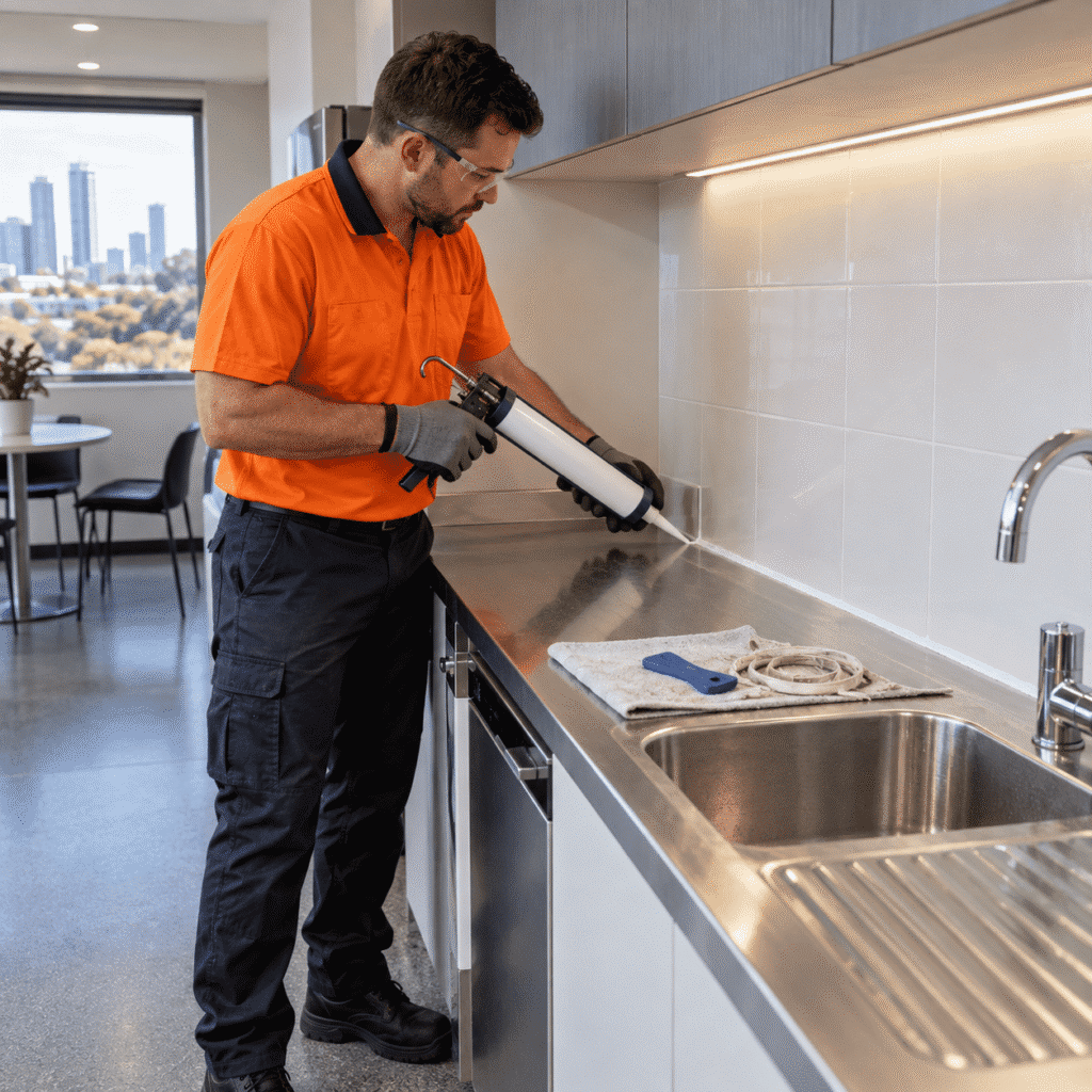 Tradesman applying new waterproof sealant along a tiled splashback in a Brisbane commercial kitchenette