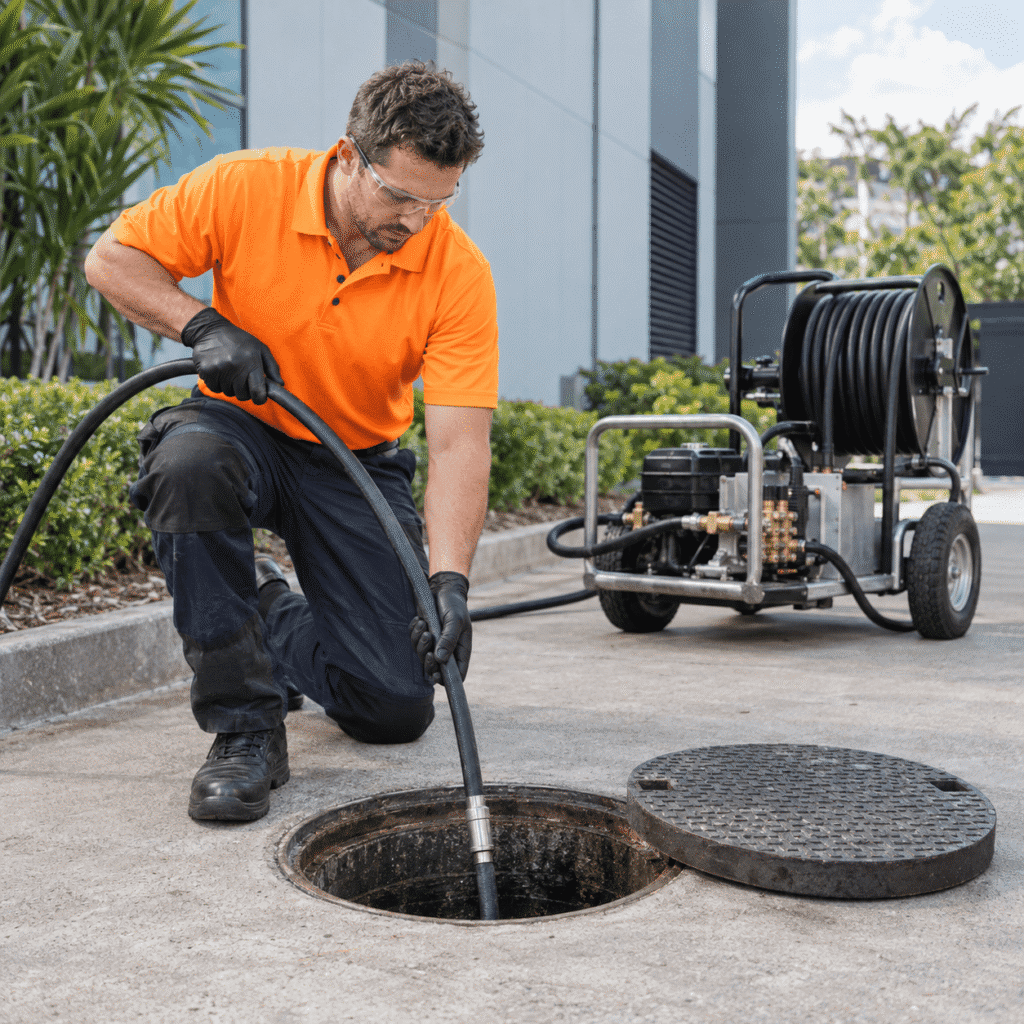 Plumber using hydro-jetting equipment to clear a blocked commercial sewer in Brisbane
