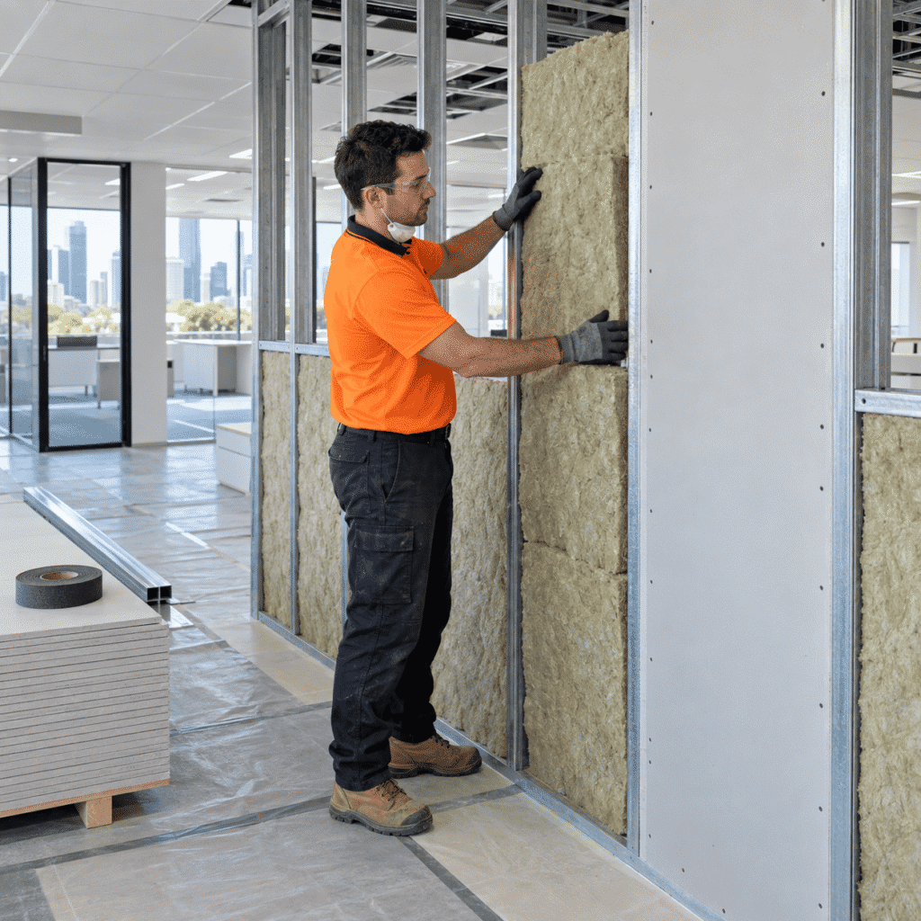 Tradesman installing acoustic insulation inside a steel-framed office partition in Brisbane