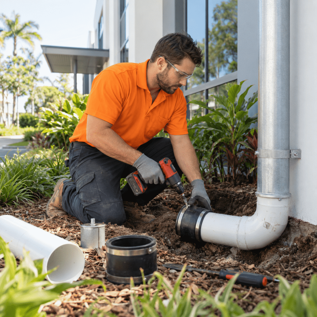 Plumber repairing a stormwater pipe connected to a commercial building in Brisbane