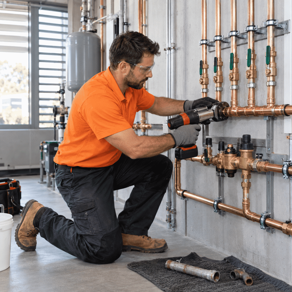 Plumber installing upgraded copper pipework in a Brisbane commercial building
