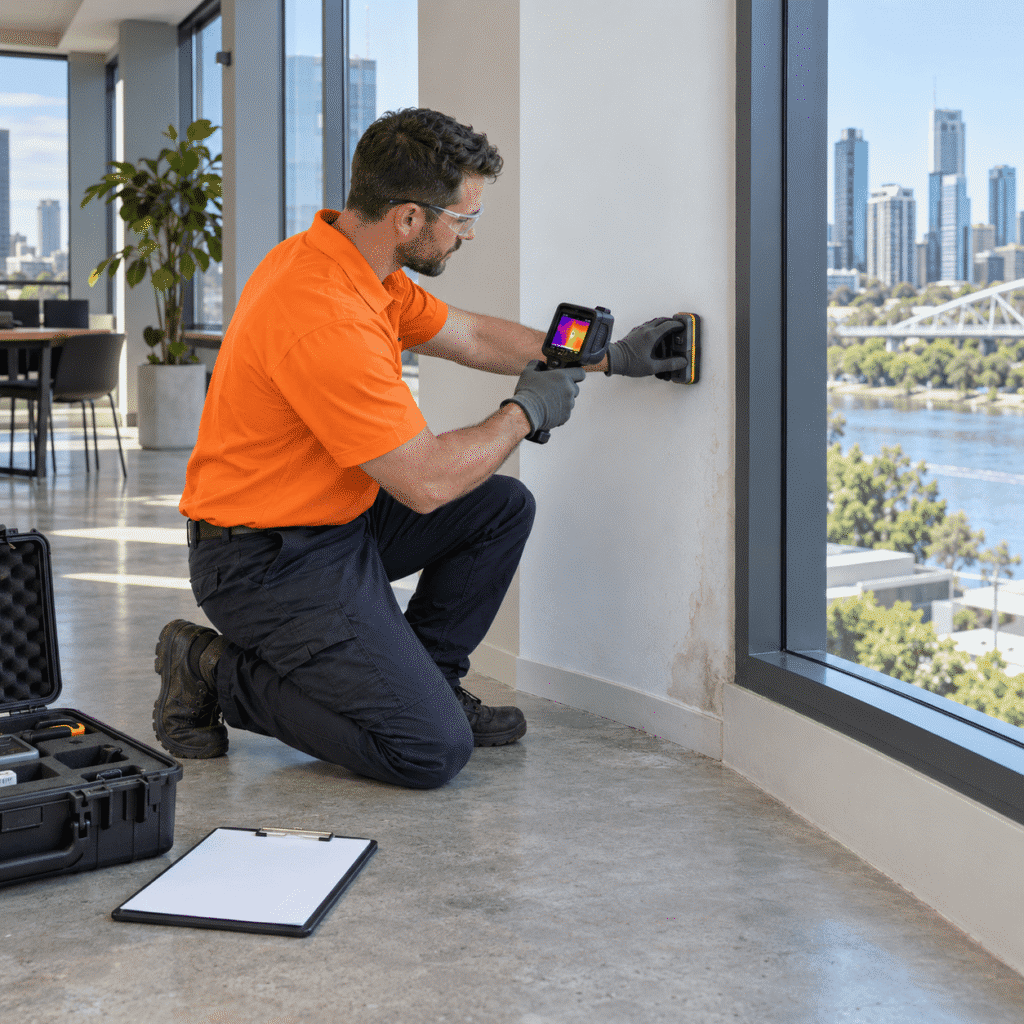 Inspector using moisture-testing and thermal-imaging equipment on a wall in a Brisbane building