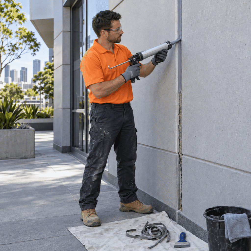 Tradesman renewing waterproof sealant in an exterior expansion joint on a Brisbane commercial building