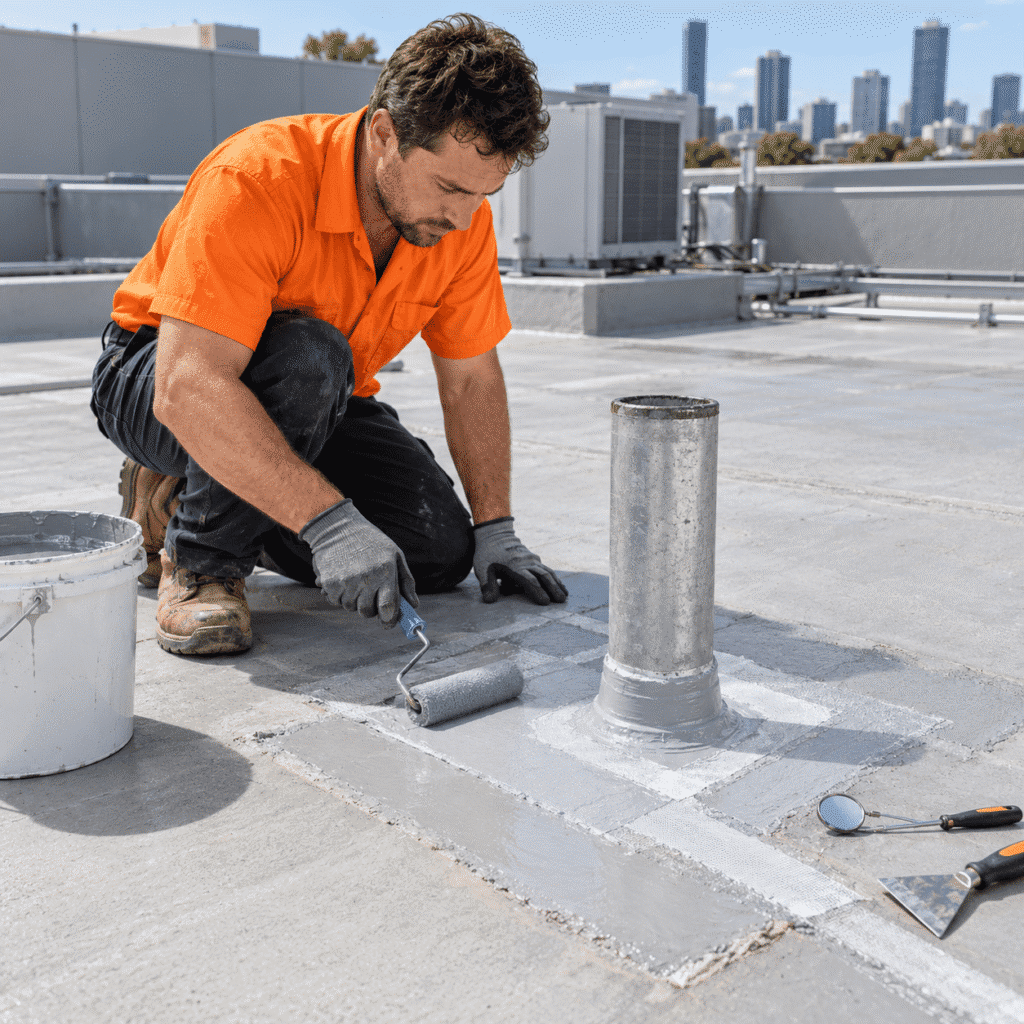 Tradesman repairing a waterproof membrane around a roof penetration on a Brisbane commercial building
