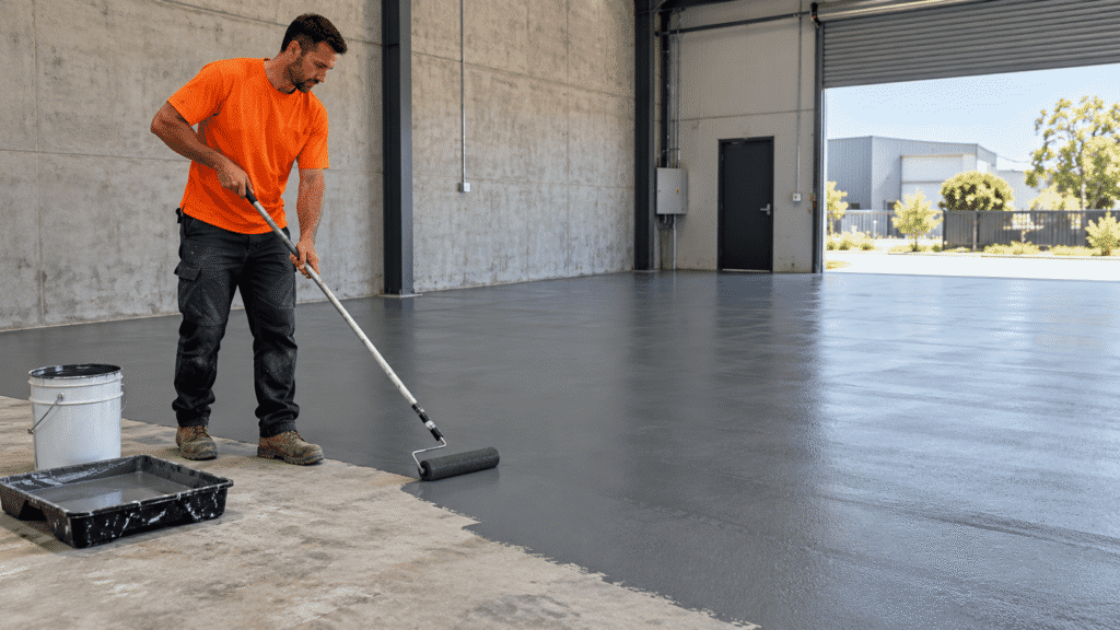 Tradesman applying a protective concrete floor coating in a Brisbane commercial workshop