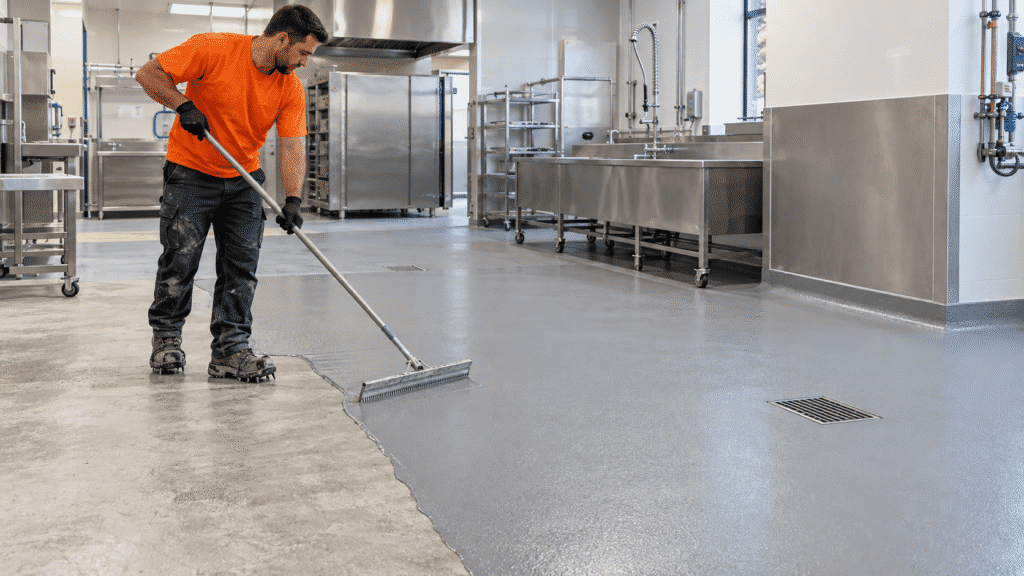 Tradesman installing seamless resin flooring in a Brisbane commercial kitchen