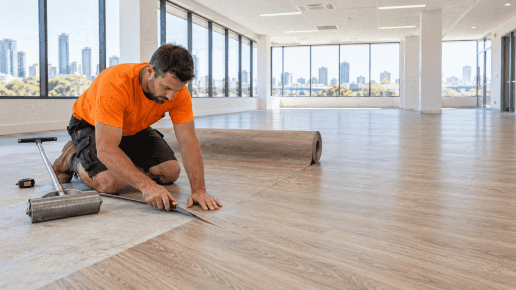 Tradesman installing timber-look vinyl flooring in a Brisbane commercial office