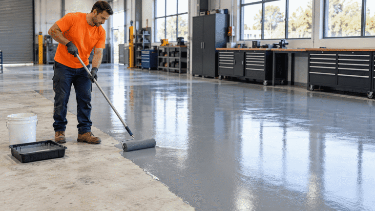 Technician applying grey epoxy flooring to a concrete floor in a commercial workshop.