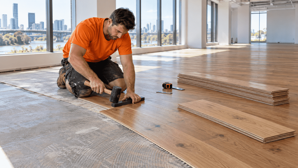 Tradesman installing engineered oak flooring in a Brisbane commercial building