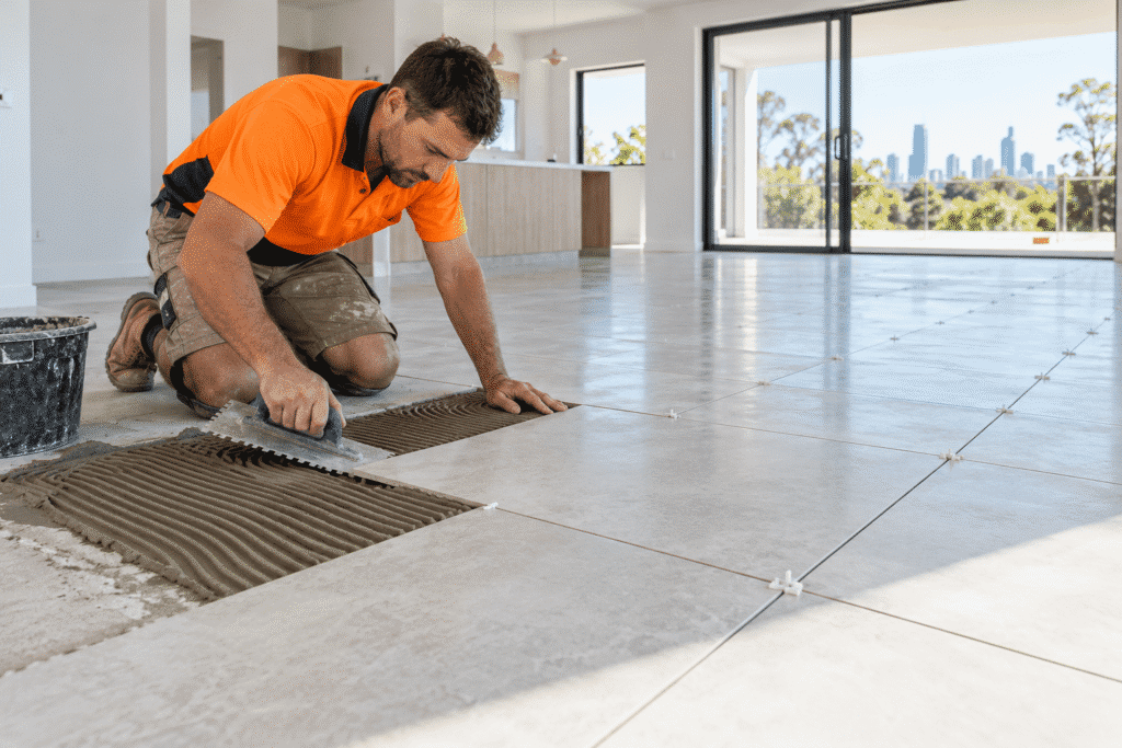 SBBM tiler installing large-format porcelain floor tiles in a Brisbane home.