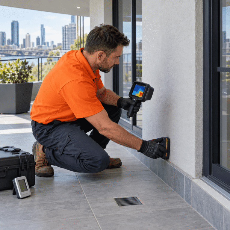 Technician using a moisture meter and thermal camera to inspect waterproofing on a Brisbane commercial balcony