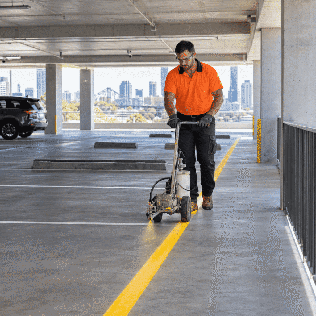 Tradesman applying yellow safety line markings in a Brisbane commercial car park