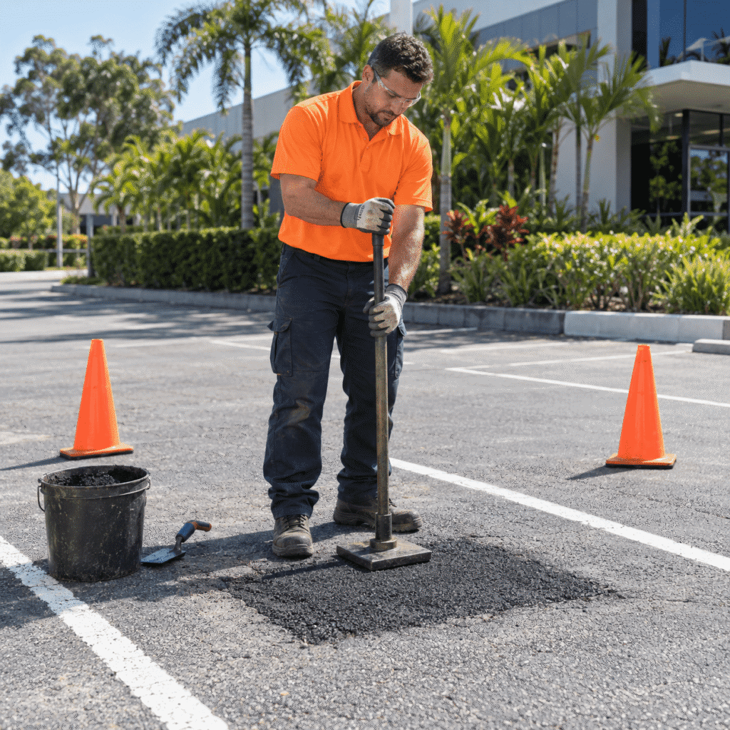 Worker compacting a fresh asphalt repair in a Brisbane commercial car park