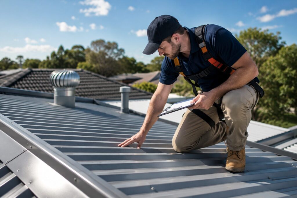 SBBM worker inspecting a metal roof for damage and maintenance needs in Brisbane.