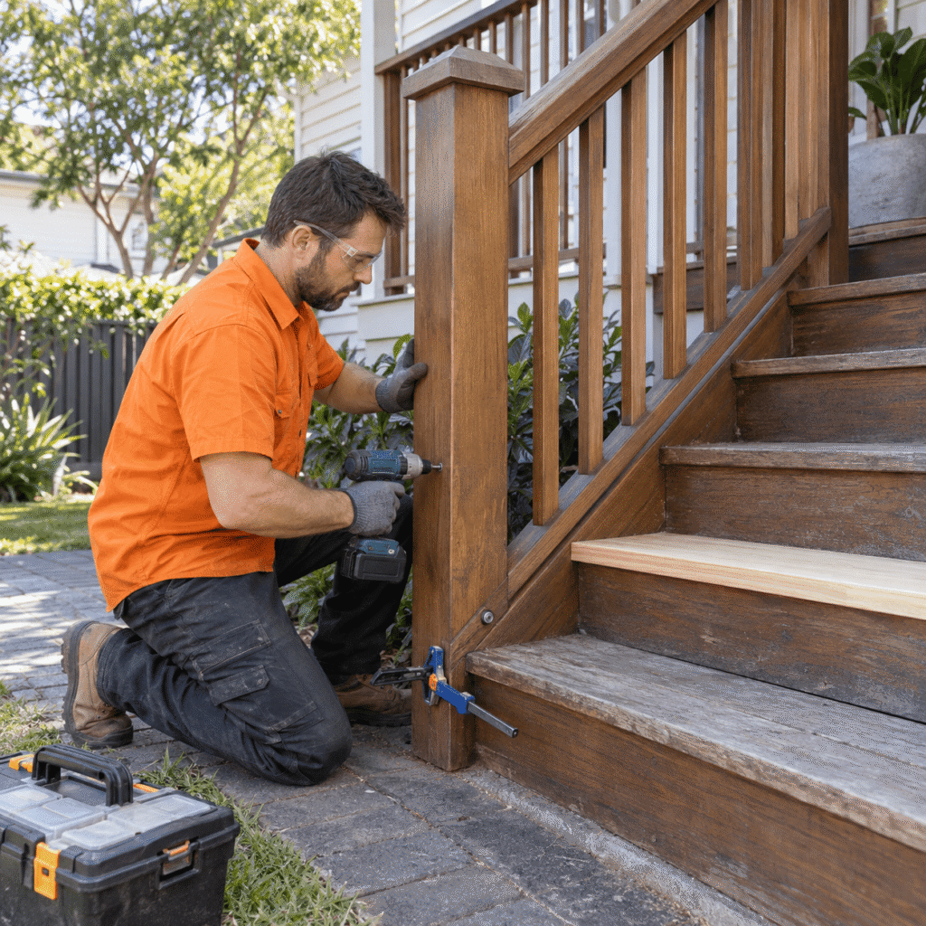 Carpenter repairing a timber staircase and balustrade at a Brisbane home