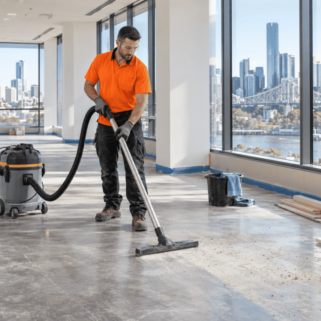 Professional cleaner vacuuming construction dust from a newly completed Brisbane commercial space