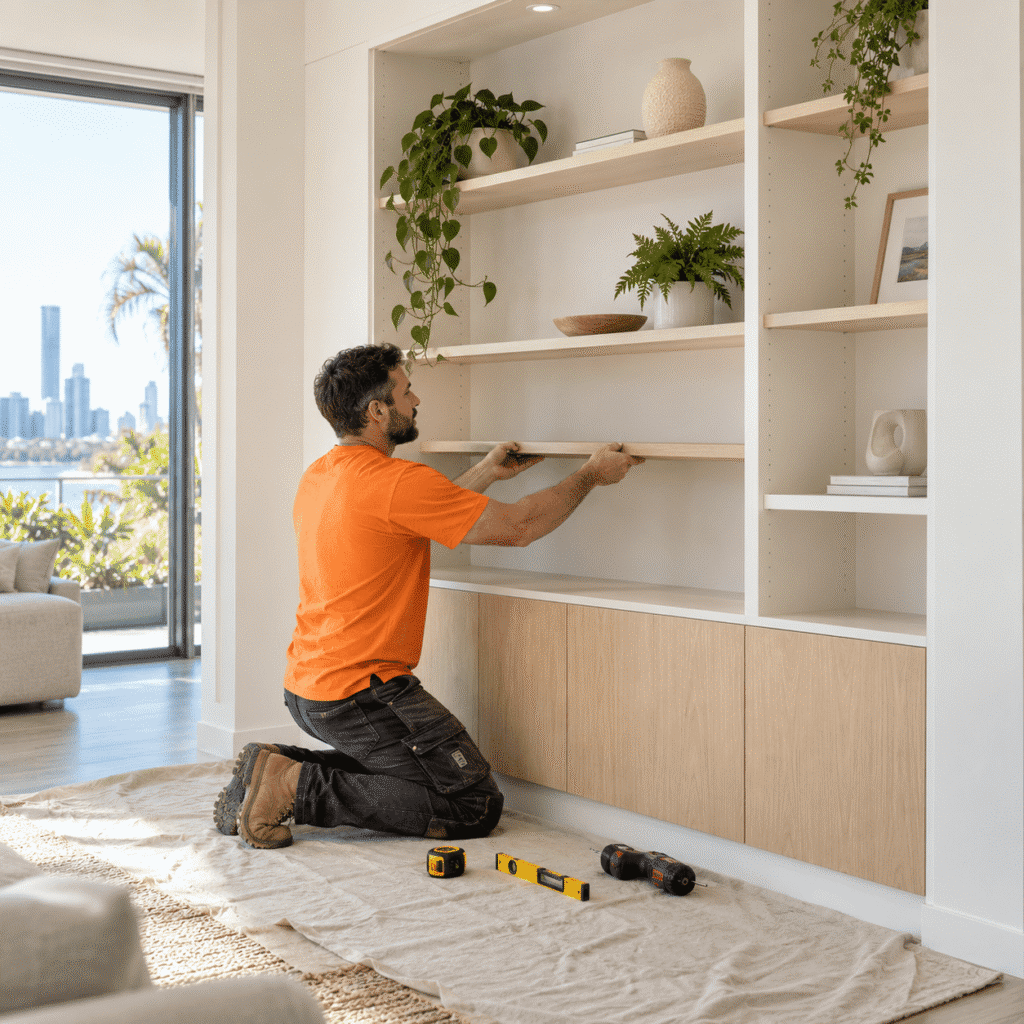 Carpenter installing custom built-in shelving and cabinets in a Brisbane home