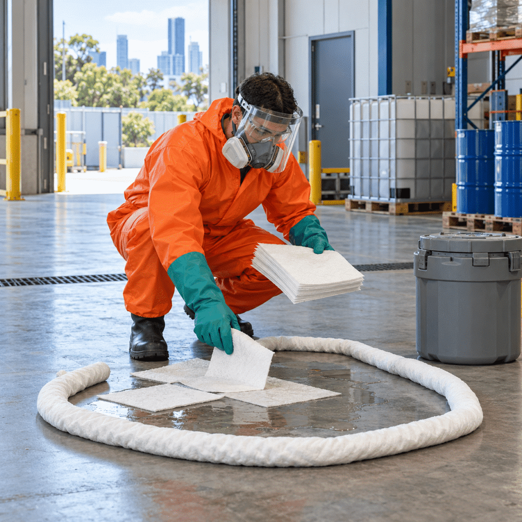 Hazardous-material cleaner containing a chemical spill at a Brisbane commercial facility
