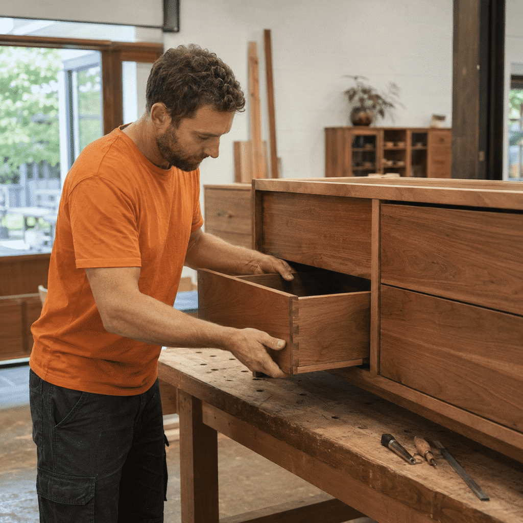 Carpenter fitting a handcrafted timber drawer into custom furniture in a Brisbane workshop