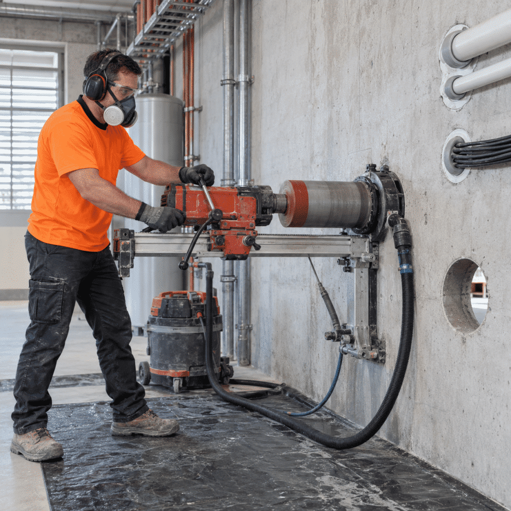Tradesman using a mounted core drill to create a service penetration in a concrete wall