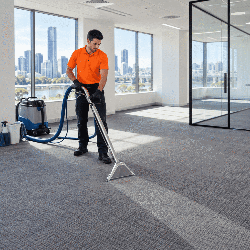 Professional cleaner extracting carpet in a vacant Brisbane office before the final lease inspection