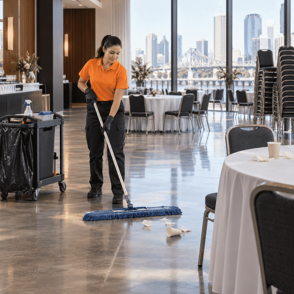 Professional cleaner completing post-event cleanup at a Brisbane function venue
