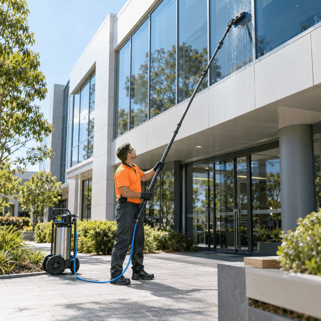 Professional cleaner washing exterior windows on a Brisbane commercial building using a water-fed pole