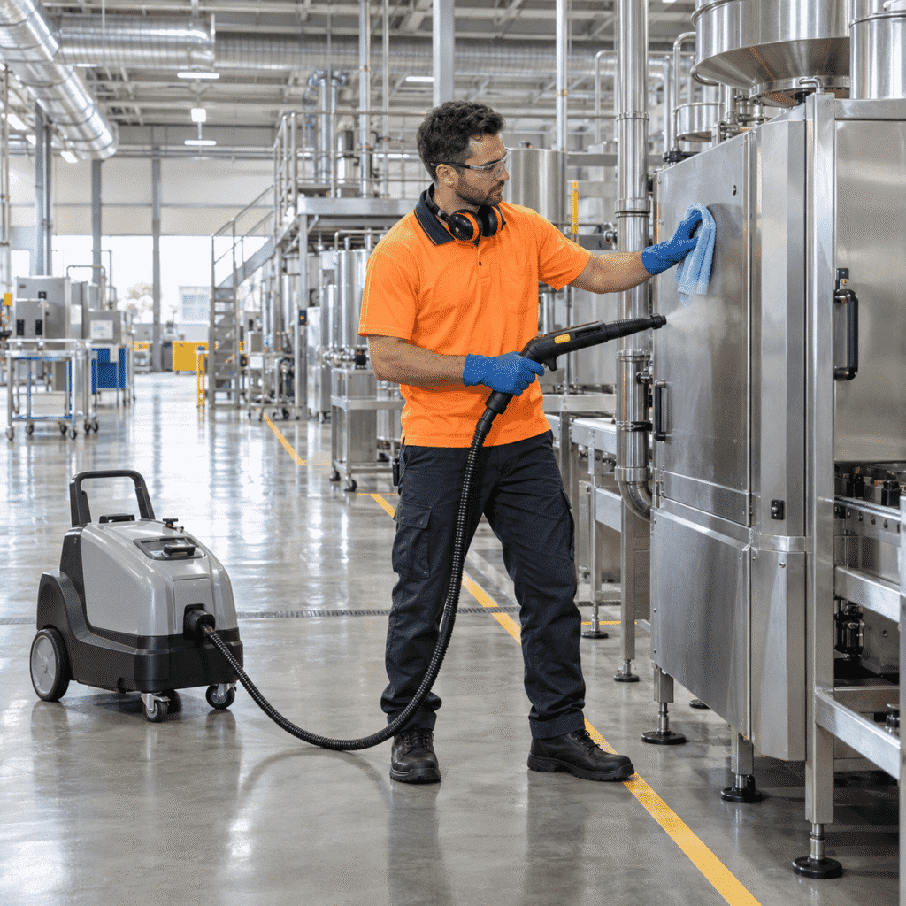 Professional cleaner steam cleaning industrial equipment inside a Brisbane factory