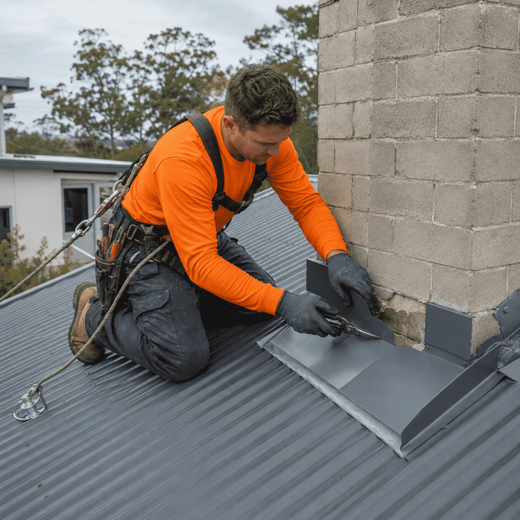 Roofer replacing metal flashing around a chimney on a Brisbane home